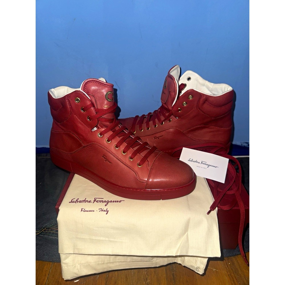 Salvatore Ferragamo Stephen 2 Rosso Red Leather High Top Sneakers Mens 11 EE NIB
